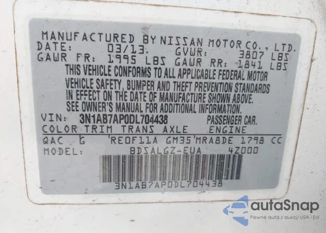 2013 Nissan Sentra Sl из США, поврежденный, VIN 3N1AB7AP0DL704438